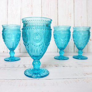 NIB Vintage-Style Goblets Glasses Embossed Blue Colored Glass Pioneer Woman Dupe